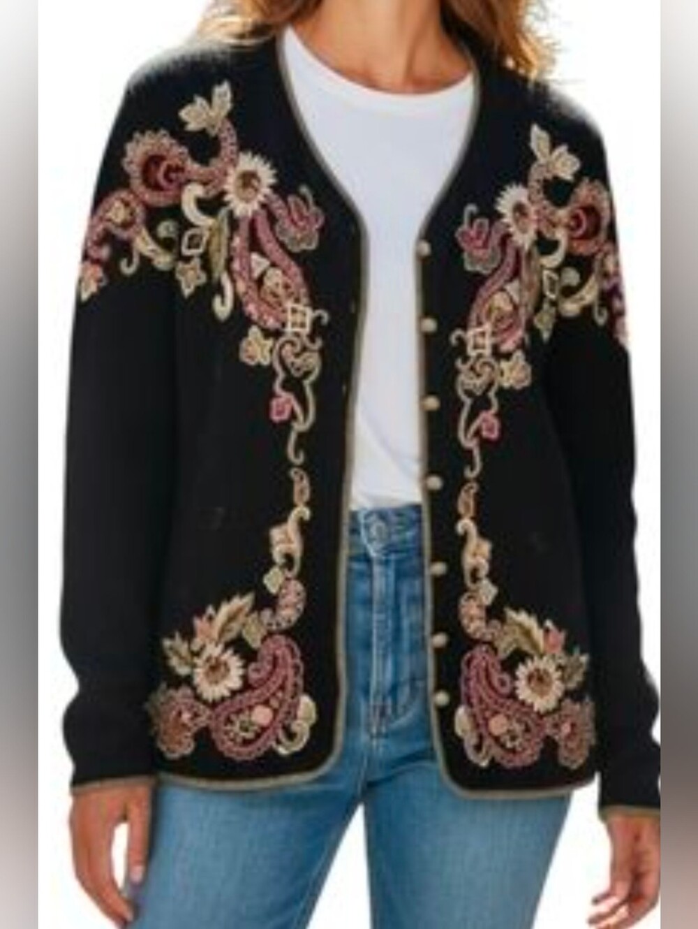 VTG Heirloom Collectibles Sweater Cardigan Womens Embroidered Paisley Flowers M